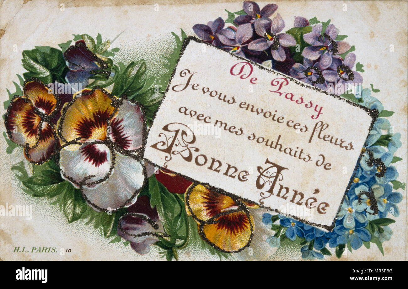 Le Français Bonne Année, carte postale représentant des fleurs vers 1900 Banque D'Images