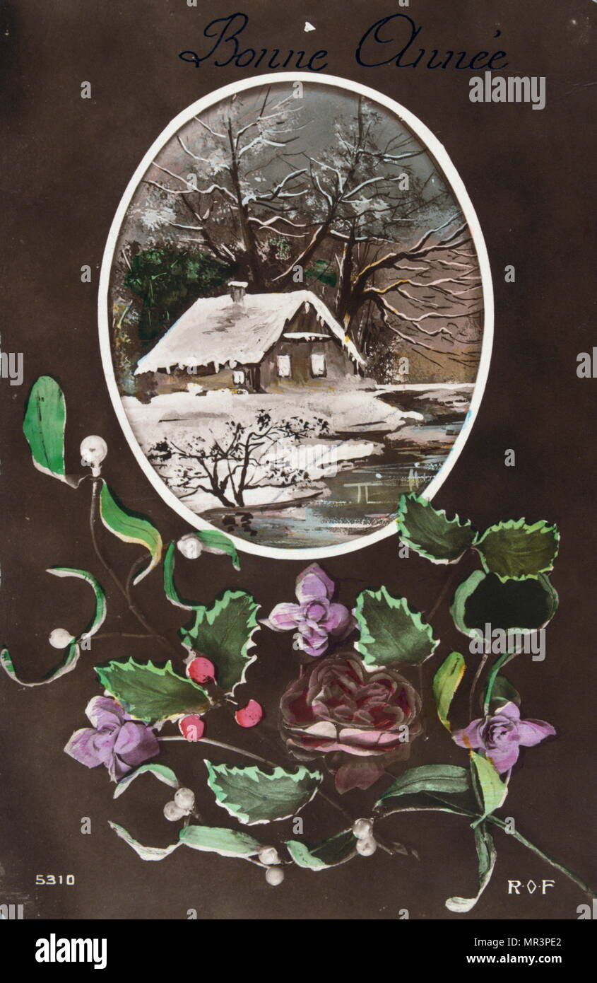 Le Français Bonne Année, carte postale représentant un chalet et de fleurs. 1900 Banque D'Images