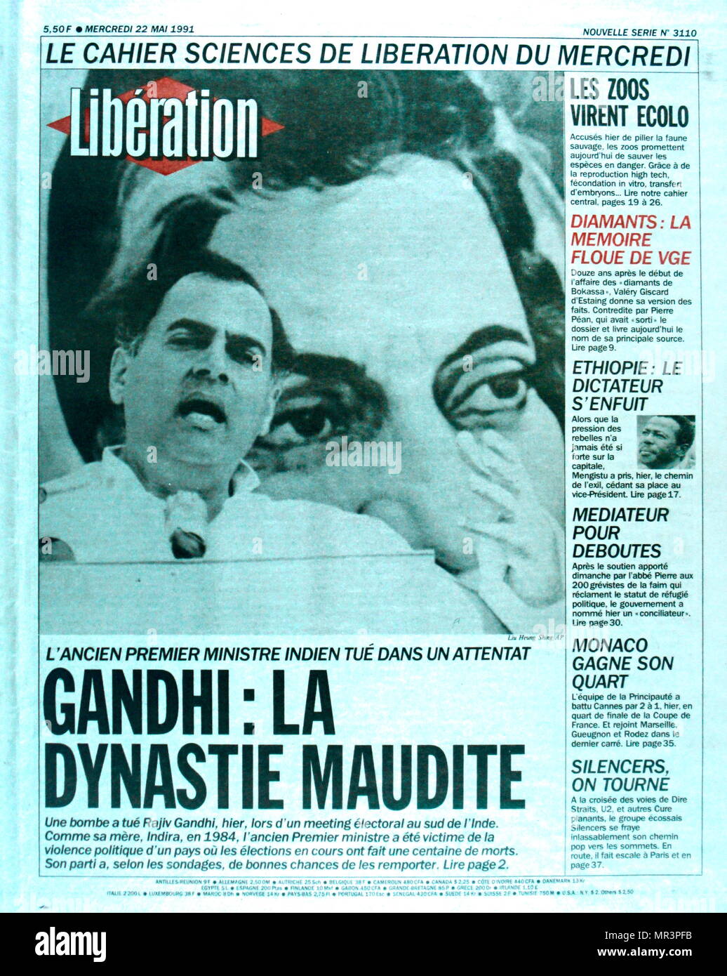 Couverture de la publication française "Libération" à la suite de l' assassinat de Rajiv Gandhi, 1944 - 1991. 6e premier ministre de l'Inde, servant de 1984 à 1989. Il a pris ses fonctions