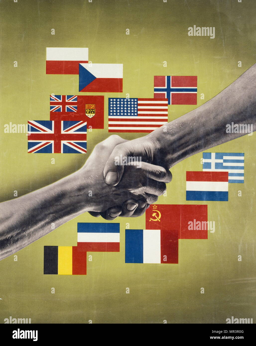 La seconde guerre mondiale, la propagande des Alliés, de l'affiche montrant les drapeaux des pays alliés et une poignée de main. 1942 Banque D'Images