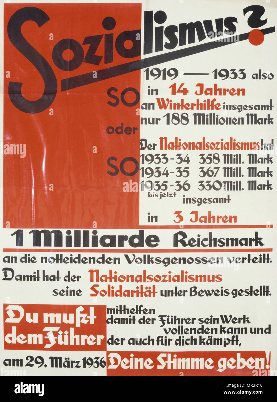(Pro-nazi), la propagande affiche de l'élection nationale allemande en mars 1936. Des élections parlementaires ont eu lieu en Allemagne le 29 mars 1936. Ils ont pris la forme d'une seule question de référendum, demandant à électeurs s'ils approuvé de l'occupation militaire de la Rhénanie et une seule liste de parti pour le nouveau Reichstag composé exclusivement de Nazis et nominalement indépendants 'invités' de la partie. Banque D'Images