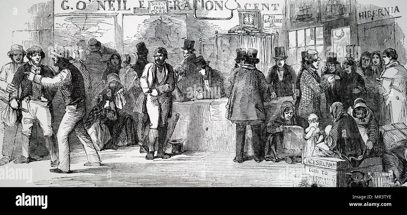 Illustration émigrants irlandais de payer leur passage de l'argent à l'office de l'agent d'émigration à Liège. En date du 19e siècle Banque D'Images