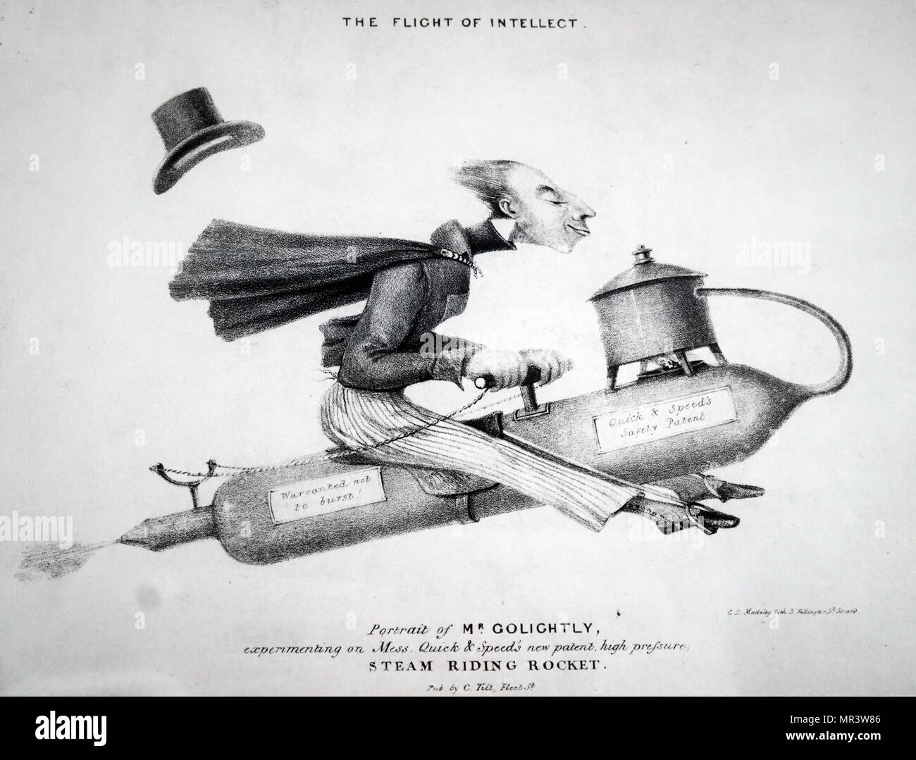 Caricature représentant Charles Golightly monté sur une machine volante. Charles Golightly (1807-1885) un ministre anglican et écrivain religieux. En date du 19e siècle Banque D'Images