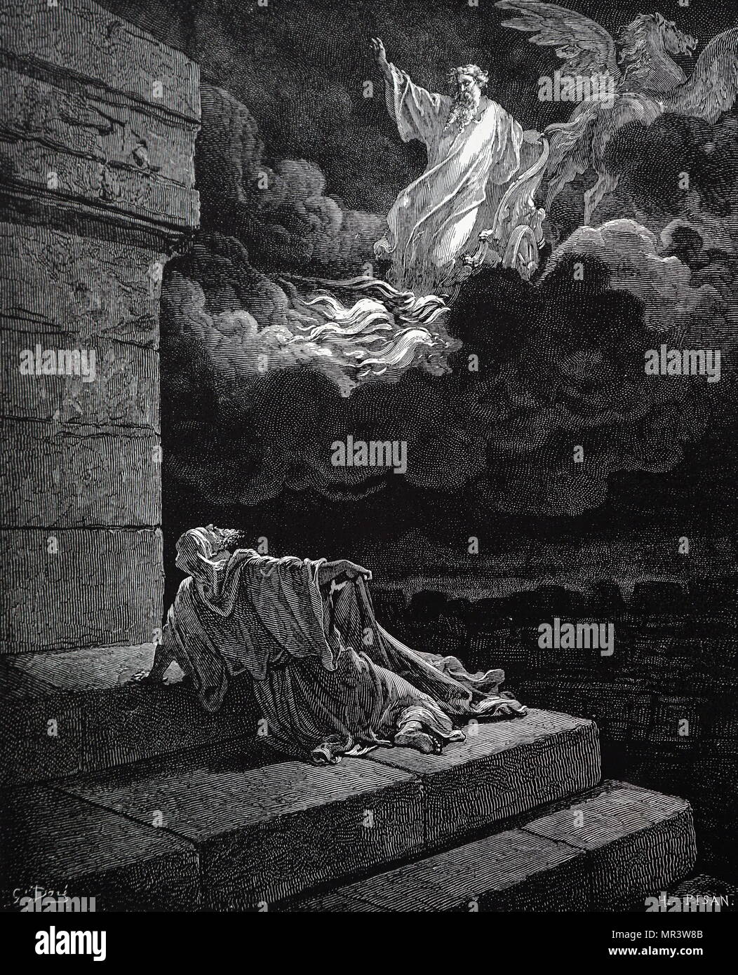 Gravure représentant une scène biblique. Élisée est vu regarder Elie d'être enlevé au ciel dans un char de quitter son vêtement divisée sur le terrain. Illustration par Gustave Doré (1832-1883) un artiste français, graveur, illustrateur et sculpteur. En date du 19e siècle Banque D'Images