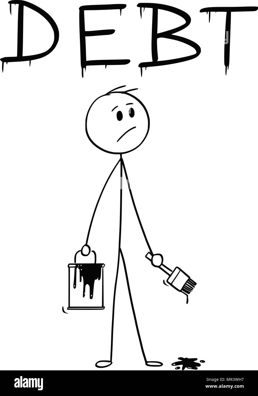 Caricature de Businessman avec pinceau et Peinture Peinture le mot Dette Extérieure Illustration de Vecteur