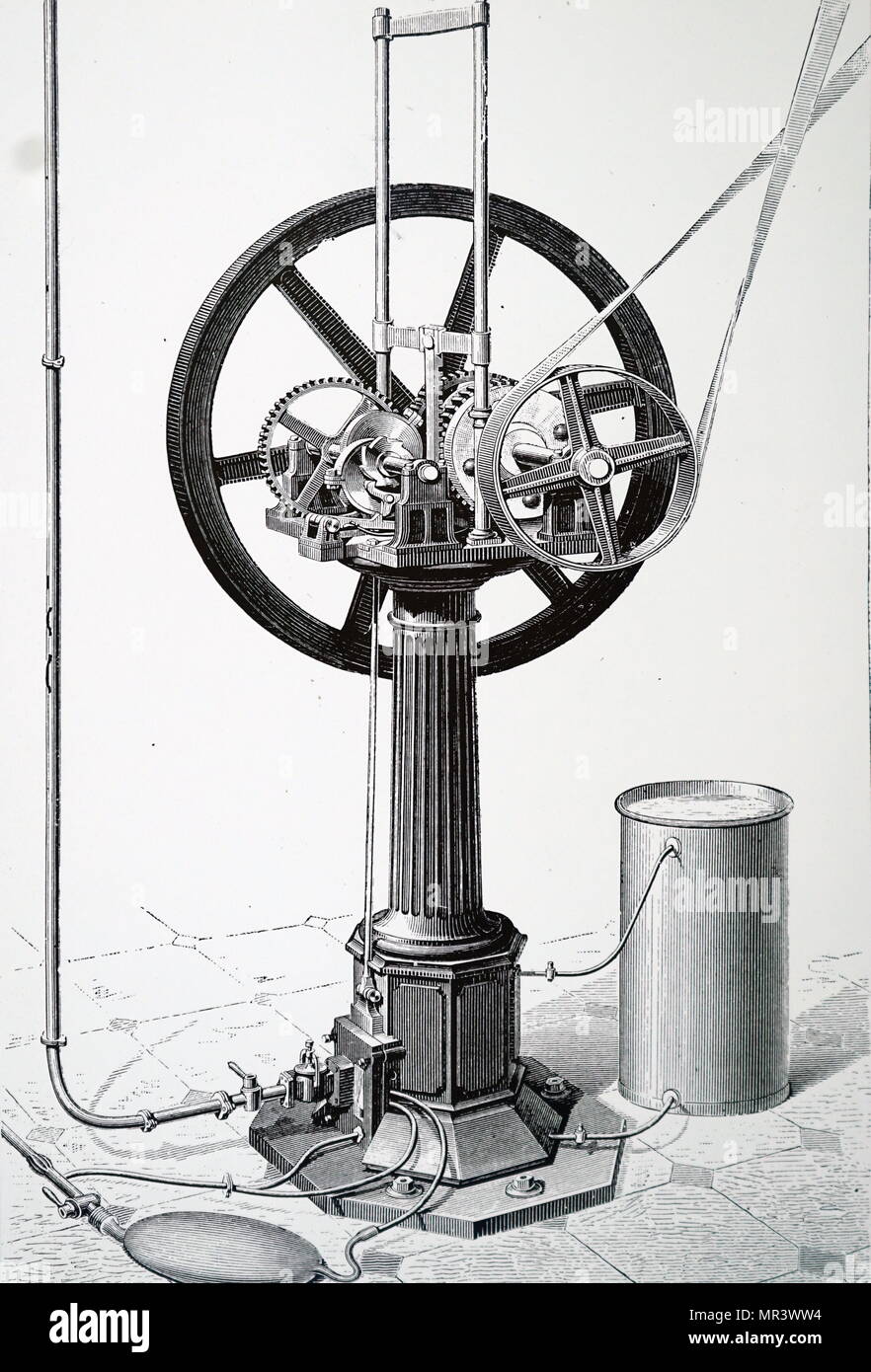 Gravure représentant un moteur OTTO vertical fabriqué par Crossley Bros. de Manchester. Ce moteur a travaillé sur l'OTTO (4-temps) cycle, et utilisé un mélange de 13 parties d'air pour 1 partie de l'essence. En date du 19e siècle Banque D'Images