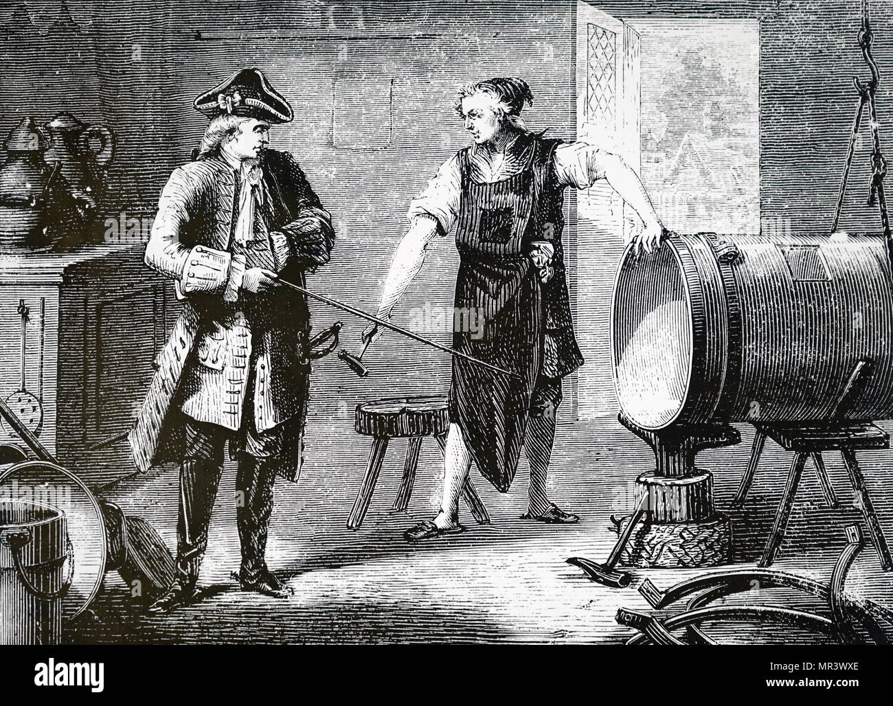 Vue d'artiste de Claude-François-Dorothée, marquis de Jouffroy d'Abbans de superviser la fabrication de la bouteille pour sa machine à vapeur. Claude-François-Dorothée, marquis de Jouffroy d'Abbans (1751-1832) qui est prétendu être le premier inventeur du bateau à vapeur. En date du 19e siècle Banque D'Images
