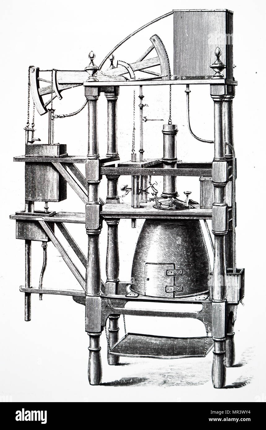 Gravure représentant un moteur à vapeur Newcomen. Thomas Newcomen (1664-1729) l'inventeur anglais qui a créé la première machine à vapeur en 1712, le moteur atmosphérique Newcomen. En date du 18e siècle Banque D'Images