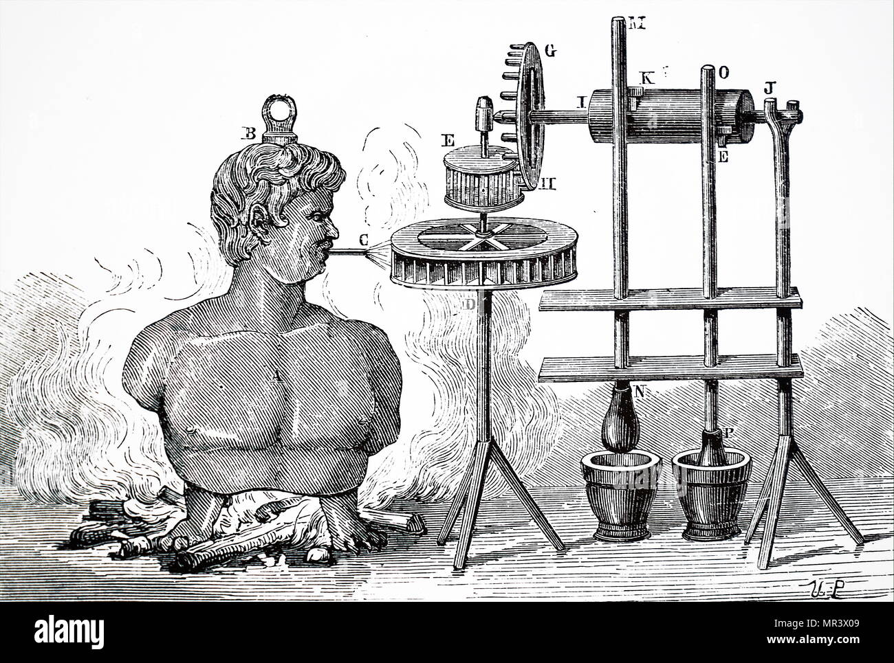 Diagramme illustrant Giovanni Branca's machine à vapeur (1629) utilisé pour travailler une usine d'estampage Giovanni Branca (1571-1645) ingénieur et architecte italien. En date du 19e siècle Banque D'Images