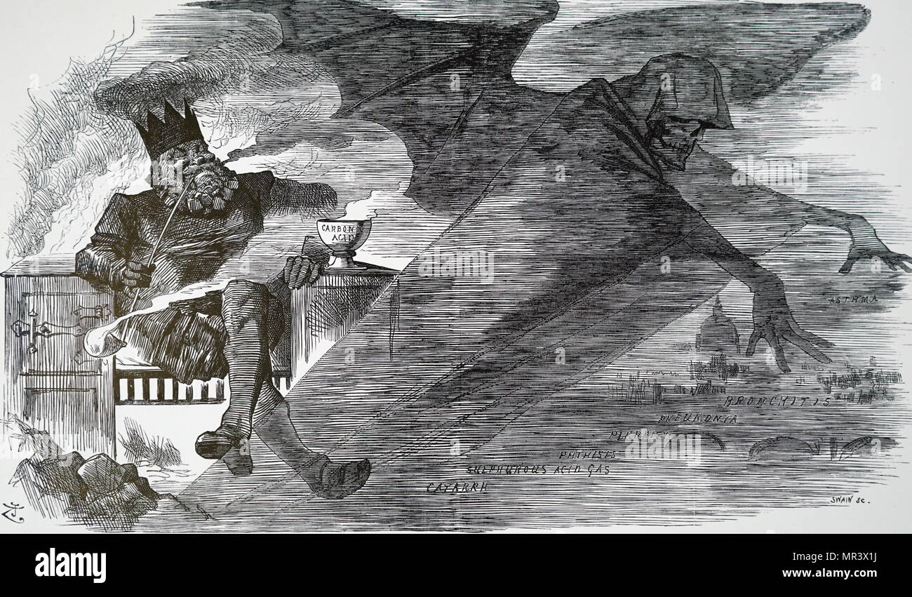 Caricature montrant les effets de la combustion du charbon sur Londres. 'Old King Coal" est indiqué à l'aide d'un éventail de cuisine typique comme un fauteuil, tandis que le spectre de brouillard plane sur la ville souffrant de ses vapeurs suffocantes. Illustré par John Tenniel (1820-1914), un illustrateur anglais humoriste graphique, et caricaturiste politique. Il a été fait chevalier pour ses réalisations artistiques en 1893. En date du 19e siècle Banque D'Images