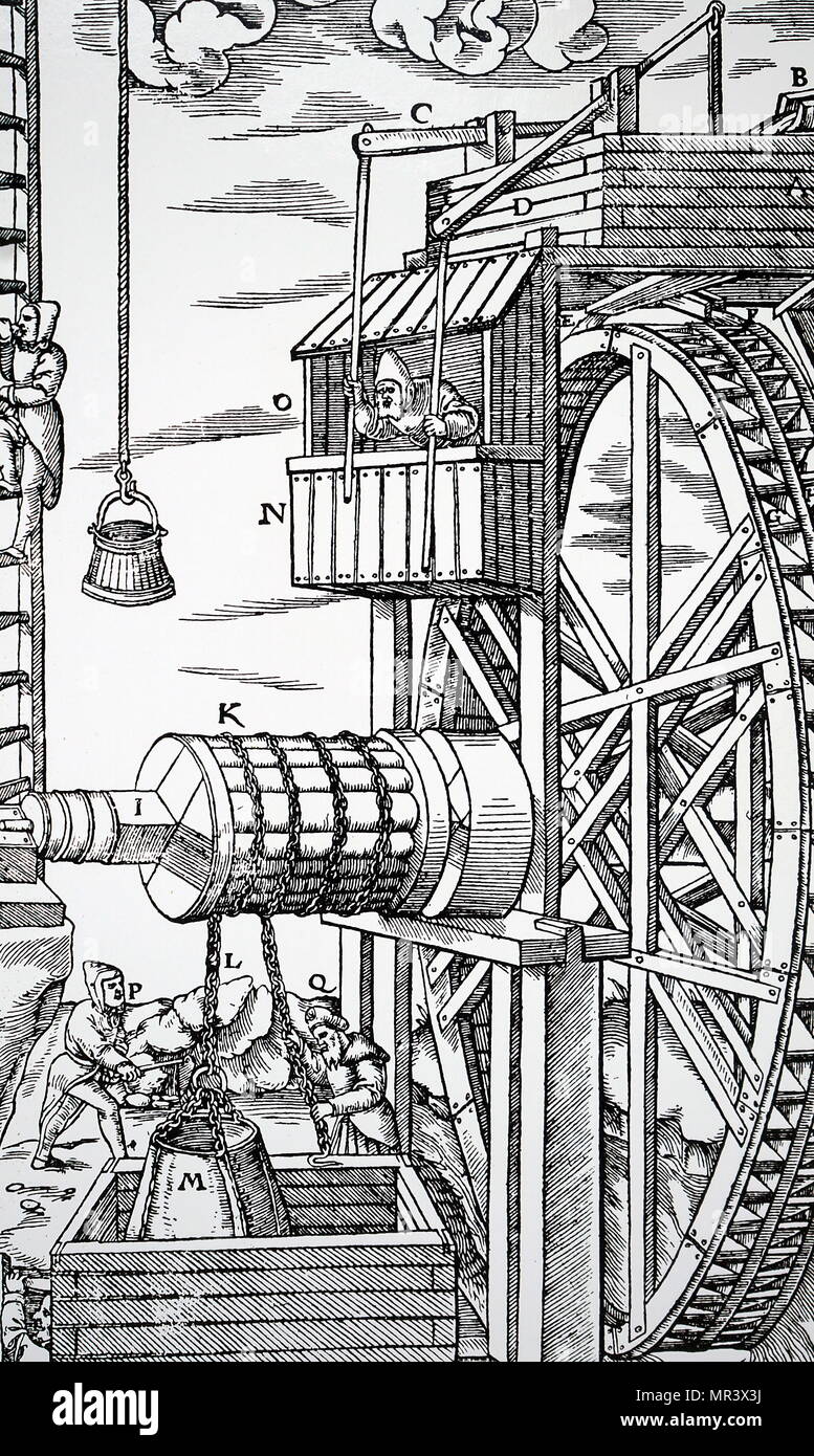 Gravure représentant un palan réversible pour élever des seaux de cuir à partir de la mine. L'homme à hut, O), s'ouvre et course de l'eau par des leviers, C), D), d'arrêter et de démarrer la roue de l'eau avec double rangée de façon opposée à seaux. En date du 16e siècle Banque D'Images