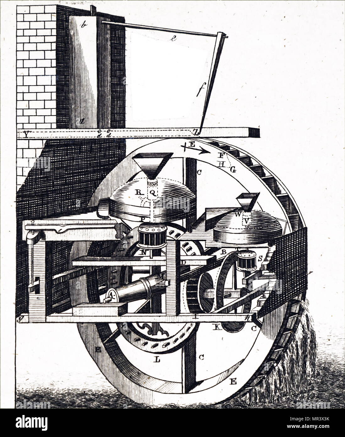 Gravure Représentant Un Moulin à Eau Dune Roue En Date Du