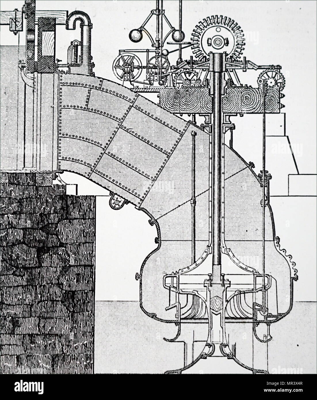 Gravure représentant un Swain Turbine. Le gouverneur, à travers l'engrenage, contrôlé automatiquement l'eau à travers la porte. En date du 19e siècle Banque D'Images