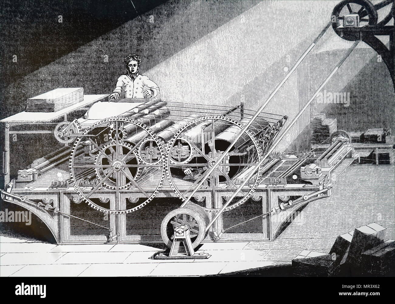 Gravure dépeignant Augustus Applegath cylindre vertical de la machine d'impression. Augustus Applegath (1788-1871) une imprimante et inventeur anglais connu pour l'élaboration du premier vertical rotatif pratique du tambour d'impression. En date du 19e siècle Banque D'Images