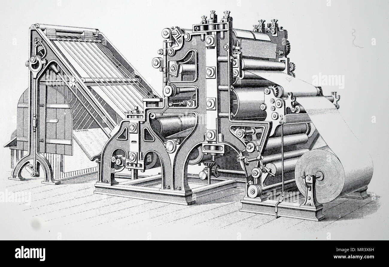 Gravure représentant la presse rotative Walter, installé pour l'impression de l'époque en 1866. Deux de ces machines, chacune produisant 11 000 exemplaires par heure, pourrait être exploité par un surveillant et six hommes non qualifiés. En date du 19e siècle Banque D'Images
