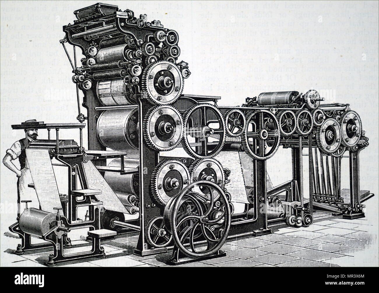 Gravure représentant Marioni presse rotatif de l'employé pour l'illustre le travail. Cette machine pourrait s 7 000 exemplaires par heure avec disque emballage sur papier sec. En date du 19e siècle Banque D'Images