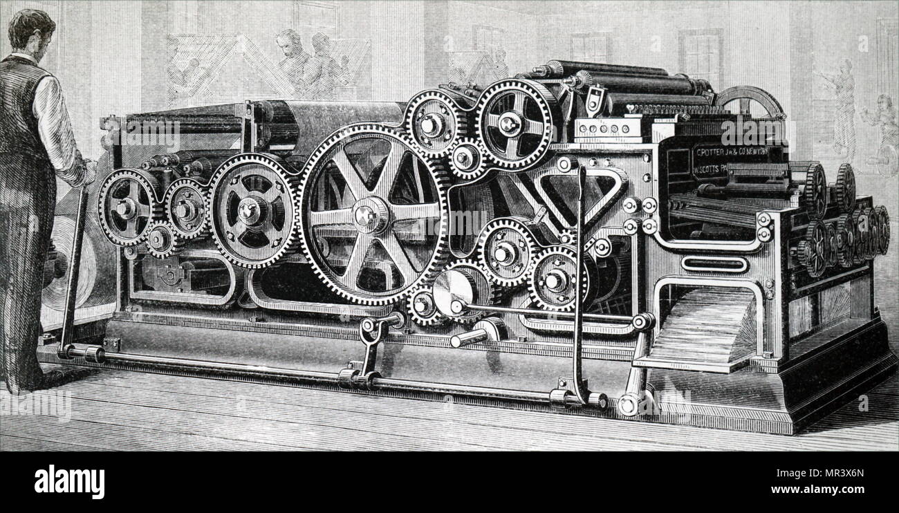 Gravure représentant la presse rotative web Scott, construit par C. Potter Jr & Co., New York. Cela peut imprimer, couper et double pli 30 000 petits journaux folio dans une heure. En date du 19e siècle Banque D'Images