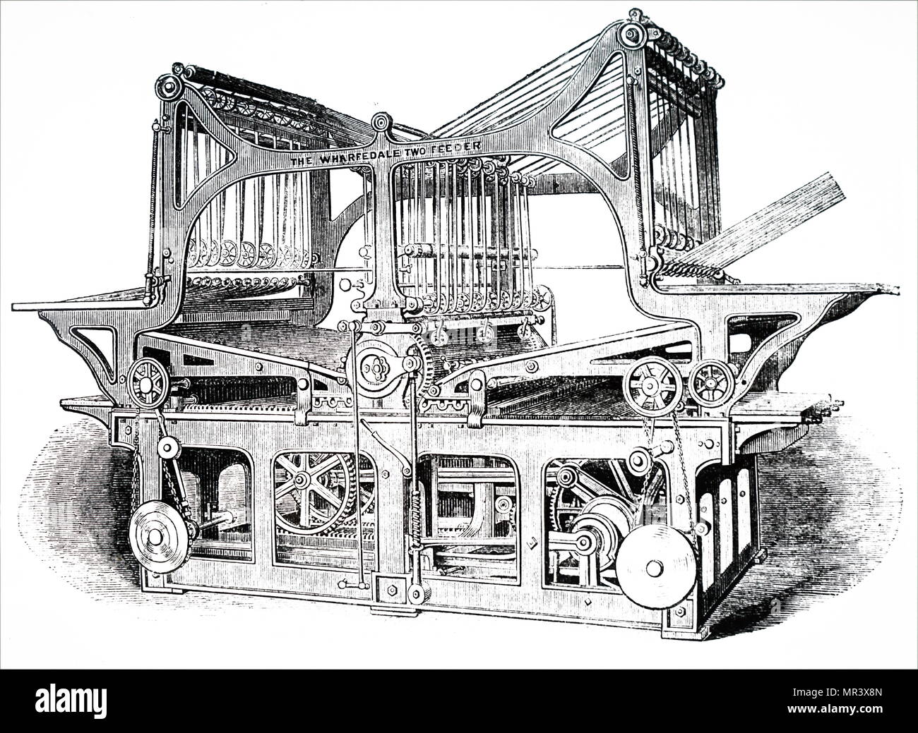 Illustration représentant une machine d'impression d'alimentation double stéréo à l'aide de plaques, et capable d'un fonctionnement à régime élevé. En date du 19e siècle Banque D'Images