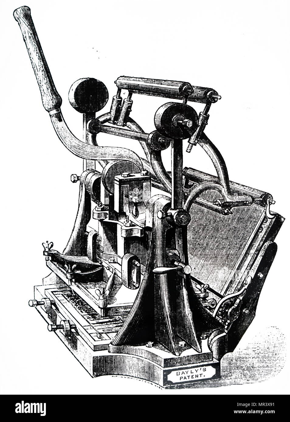 Illustration représentant un 'Minerva' presse à imprimer pour les petits  travaux généralement effectuées dans une presse à main, et applicable à la  main ou par le pouvoir. En date du 19e siècle