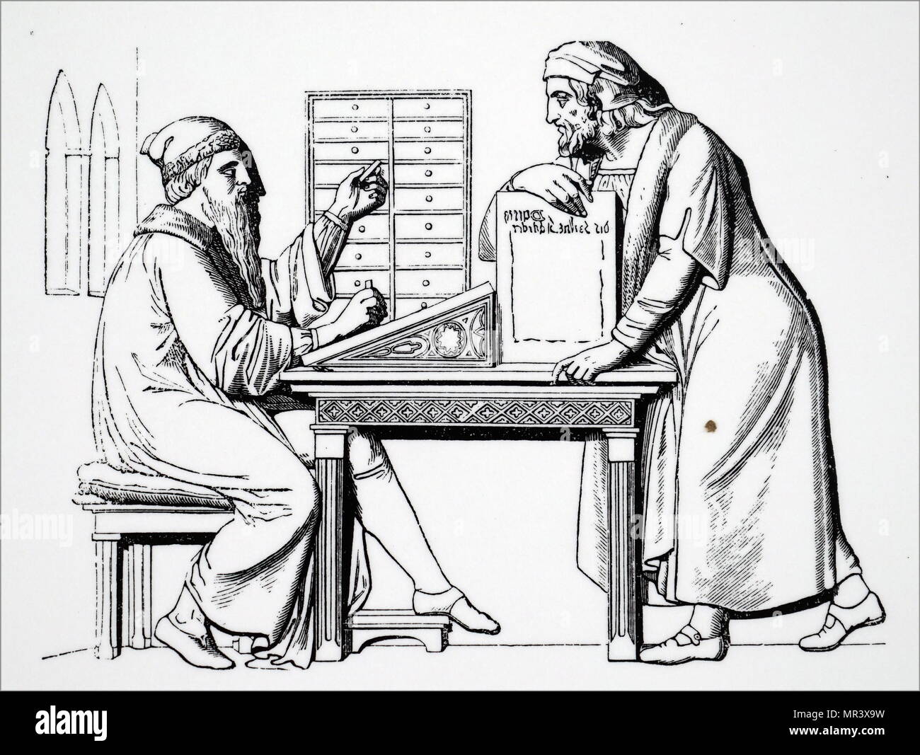 La gravure sur bois représentant Johannes Gutenberg (1400-1468) Un forgeron allemand, Goldsmith, l'imprimante et l'éditeur qui a introduit l'impression vers l'Europe. En date du 15e siècle Banque D'Images