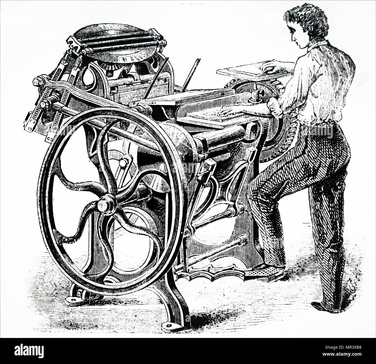 Illustration montrant une impression à plat machine sans dents extérieures et les leviers. En date du 19e siècle Banque D'Images