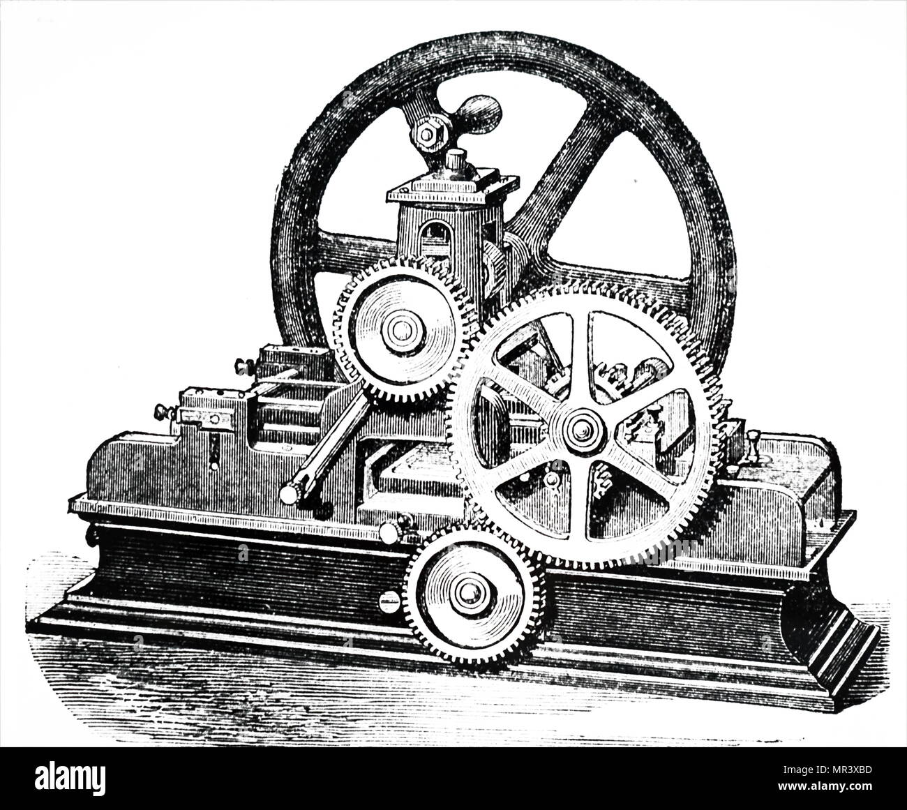 Gravure représentant une machine d'impression sans encre conçu par Gustave Leboyer et montré à l'Exposition de Paris de 1867. Utilisé pour l'impression de petites cartes en utilisant 'carbonisé рарeг' qui donne caractères noirs du type. En date du 19e siècle Banque D'Images