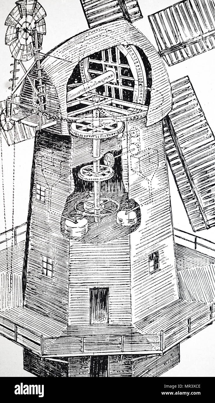 Gravure représentant un smock mill avec fantail utilisé pour broyer le maïs. En date du 19e siècle Banque D'Images