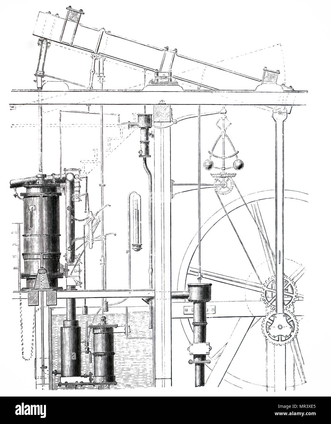 Gravure illustrant la machine à vapeur de James Watt. James Watt (1736-1819), un inventeur écossais, ingénieur mécanicien, et chimiste. En date du 19e siècle Banque D'Images