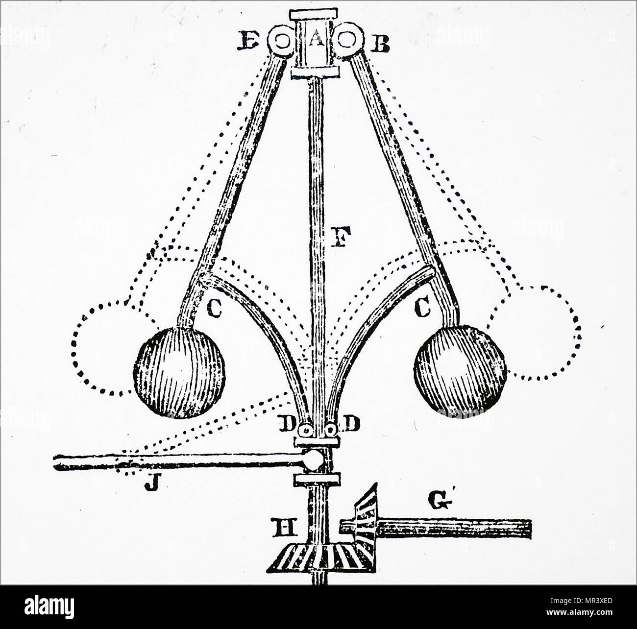 Gravure représentant le gouverneur de James Watts' machine à vapeur. James Watt (1736-1819), un inventeur écossais, ingénieur mécanicien, et chimiste. En date du 19e siècle Banque D'Images