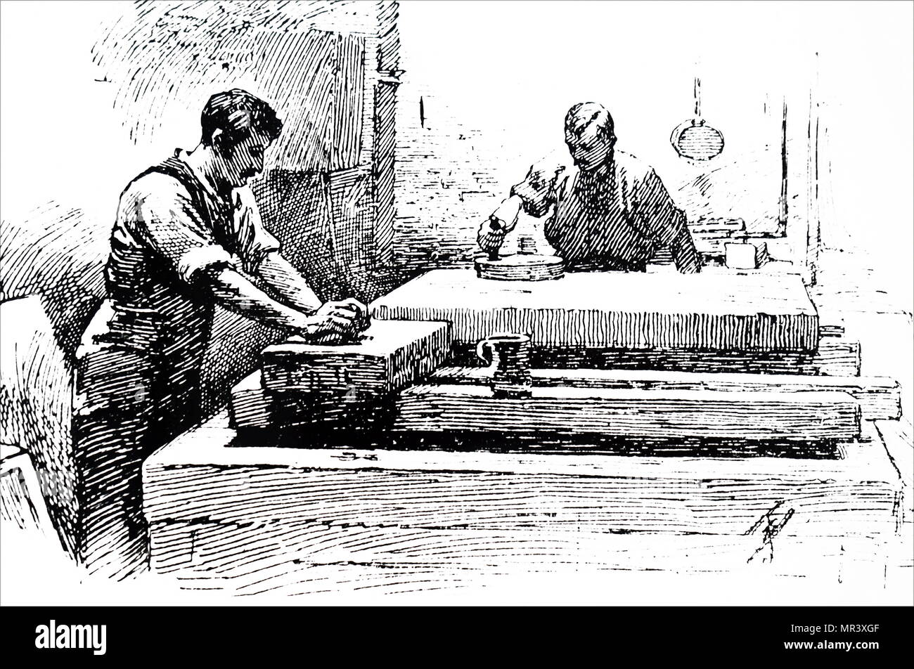 Gravure illustrant le meulage pierres lithographiques. En date du 19e siècle Banque D'Images