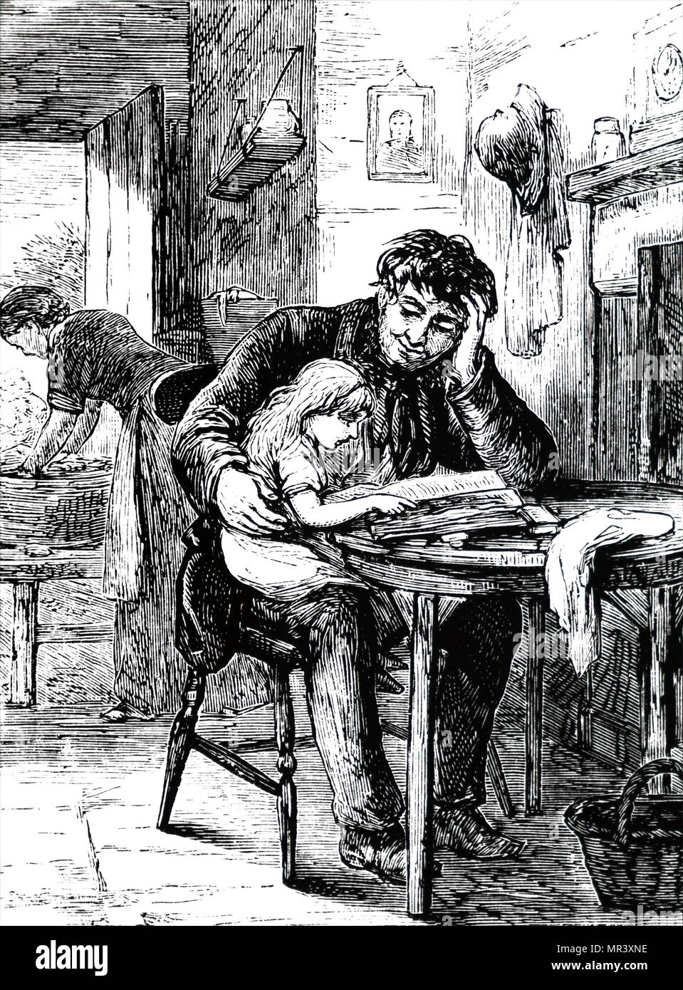 Illustration représentant un père de sa fille l'enseignement de la lecture de la Bible de famille, qui est probablement le seul livre dans la chambre. En date du 19e siècle Banque D'Images