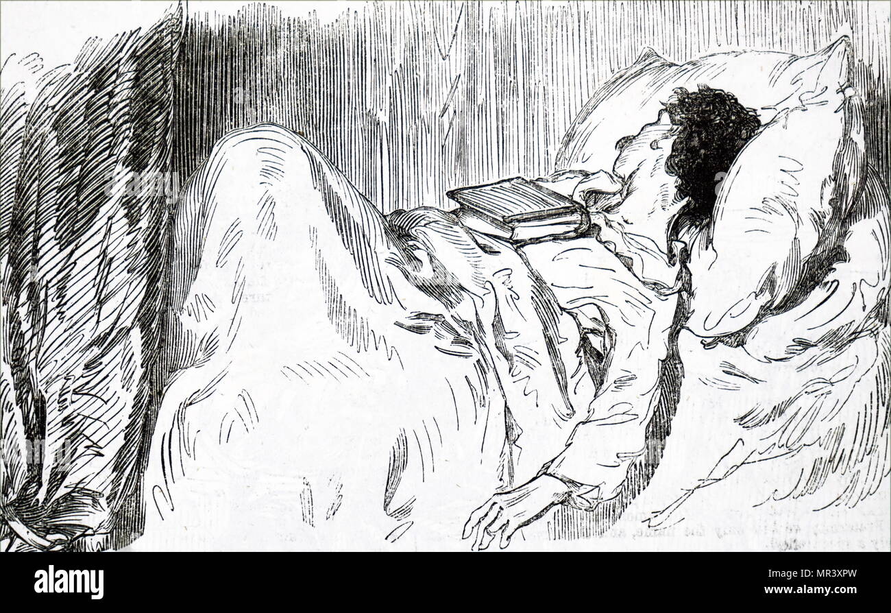 Illustration représentant un jeune homme s'endormir pendant la lecture. Illustré par Paul Gavarni (1804-1866), un illustrateur français. En date du 19e siècle Banque D'Images