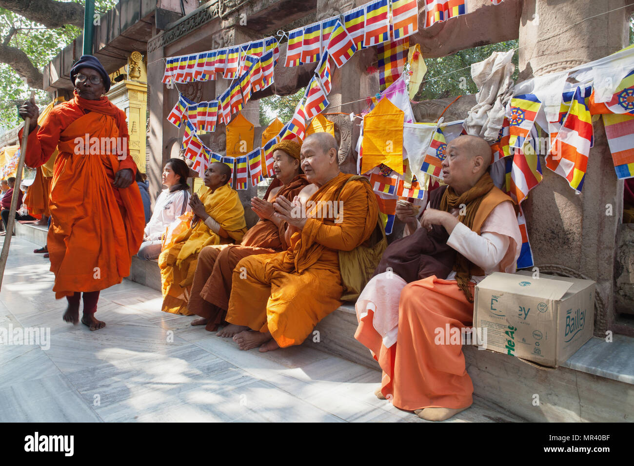 L'Inde, le Bihar, Bodhgaya, Les Pèlerins prient à l'ensemble du Temple de la Mahabodhi à Bodh. Banque D'Images
