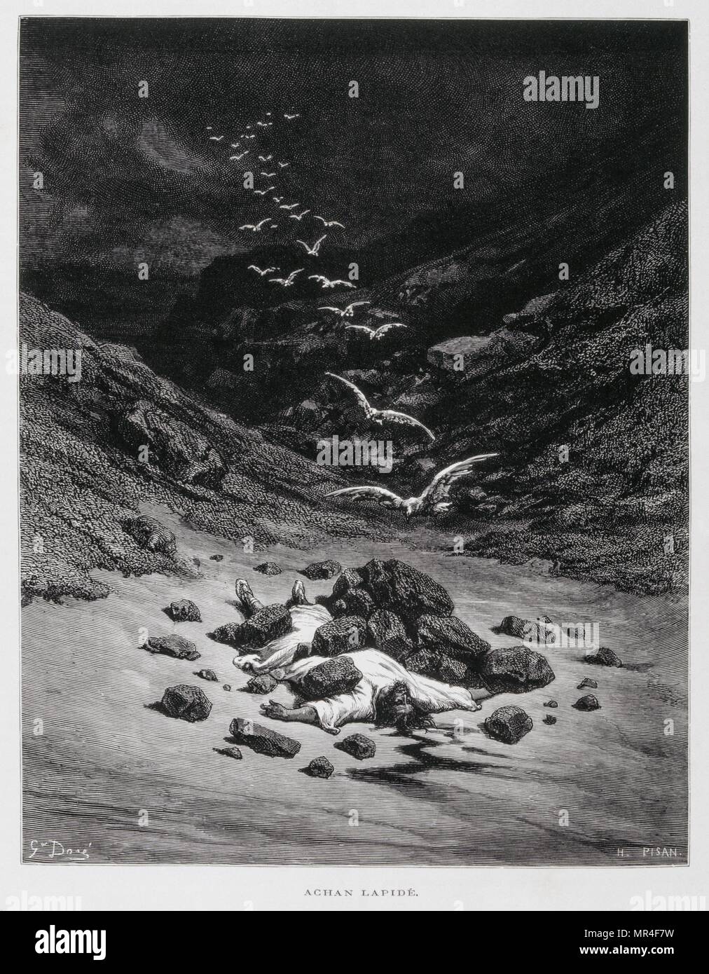 Acan est lapidé à mort (Josh. 7:1,10-26), illustration de la Dore Bible 1866. En 1866, l'artiste et illustrateur français Gustave Dore (1832-1883), a publié une série de 241 gravures sur bois pour une nouvelle édition de luxe la 1843 Traduction française de la Bible Vulgate, populairement connu comme la Bible de Tours. Cette nouvelle édition a été connue sous le nom de la Grande Bible de Tours et ses illustrations ont été un immense succès Banque D'Images