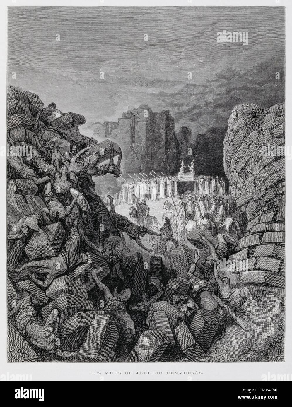Les murs de Jéricho tomber vers le bas (Josh. 5:16, 6:1-10, 13-19), illustration de la Dore Bible 1866. En 1866, l'artiste et illustrateur français Gustave Dore (1832-1883), a publié une série de 241 gravures sur bois pour une nouvelle édition de luxe la 1843 Traduction française de la Bible Vulgate, populairement connu comme la Bible de Tours. Cette nouvelle édition a été connue sous le nom de la Grande Bible de Tours et ses illustrations ont été un immense succès Banque D'Images