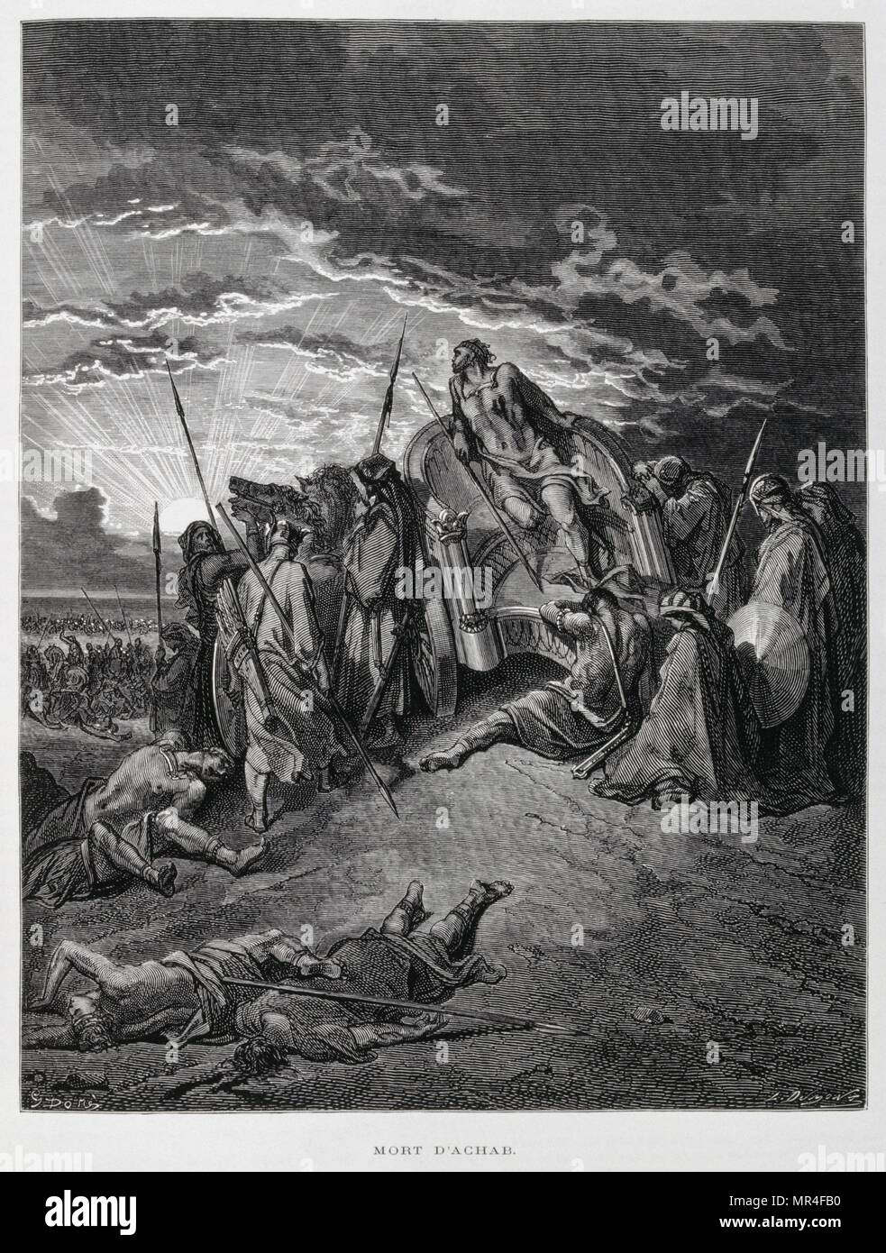 La mort d'Achab, Illustration de la Dore Bible 1866. En 1866, l'artiste et illustrateur français Gustave Dore (1832-1883), a publié une série de 241 gravures sur bois pour une nouvelle édition de luxe la 1843 Traduction française de la Bible Vulgate, populairement connu comme la Bible de Tours. Cette nouvelle édition a été connue sous le nom de la Grande Bible de Tours et ses illustrations ont été un immense succès. Achab fut le septième roi d'Israël depuis Jéroboam I, et le mari de Jézabel. selon les Écritures hébraïques, Achab a été considéré comme un méchant roi dans la Bible hébraïque. Banque D'Images