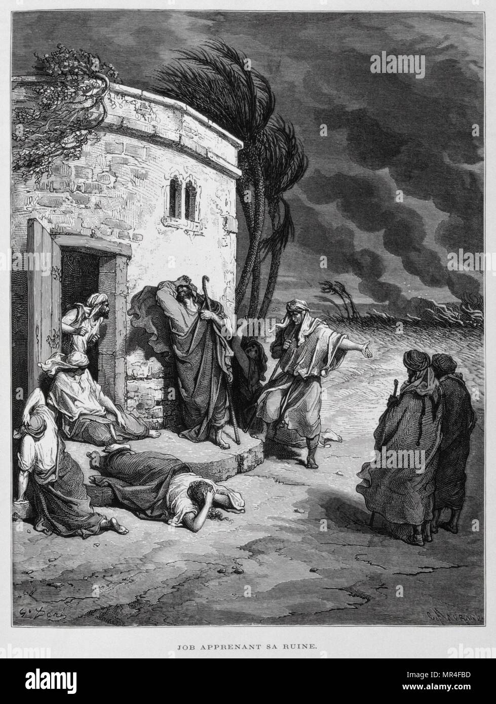 Job comprend sa ruine, Illustration de la Dore Bible 1866. En 1866, l'artiste et illustrateur français Gustave Dore (1832-1883), a publié une série de 241 gravures sur bois pour une nouvelle édition de luxe la 1843 Traduction française de la Bible Vulgate, populairement connu comme la Bible de Tours. Cette nouvelle édition a été connue sous le nom de la Grande Bible de Tours et ses illustrations ont été un immense succès. Job est la figure centrale du Livre de Job dans la Bible. Job est un prophète dans les religions abrahamiques : judaïsme, christianisme, et Islam. Banque D'Images