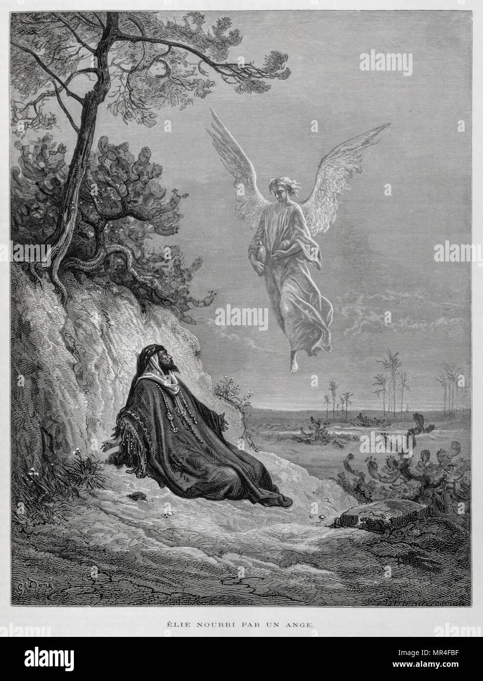 Elie nourri par un ange., Illustration de la Dore Bible 1866. En 1866, l'artiste et illustrateur français Gustave Dore (1832-1883), a publié une série de 241 gravures sur bois pour une nouvelle édition de luxe la 1843 Traduction française de la Bible Vulgate, populairement connu comme la Bible de Tours. Cette nouvelle édition a été connue sous le nom de la Grande Bible de Tours et ses illustrations ont été un immense succès. 1 Rois 19:5-8 LSG Banque D'Images