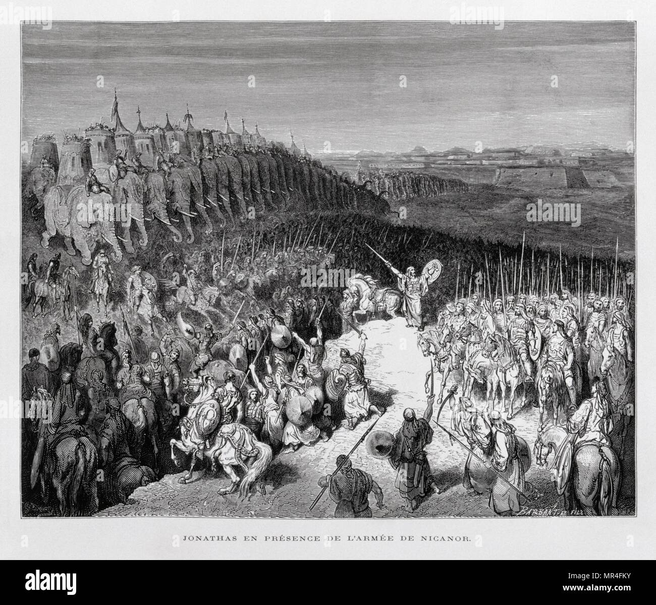 Ancien Testament. Judas Maccabeus avant que l'armée de Nicanor, Illustration de la Dore Bible 1866. En 1866, l'artiste et illustrateur français Gustave Doré (1832-1883), a publié une série de 241 gravures sur bois pour une nouvelle édition de luxe la 1843 Traduction française de la Bible Vulgate, populairement connu comme la Bible de Tours. Cette nouvelle édition a été connue sous le nom de la Grande Bible de Tours et ses illustrations ont été un immense succès. Banque D'Images
