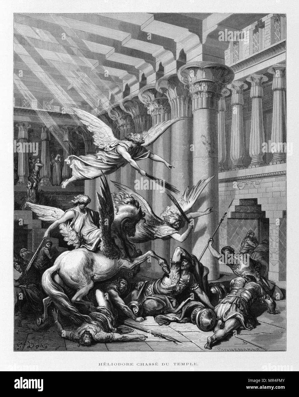 Heliodorus est abaissé, l'expulsion d'Heliodorus, Illustration de la Dore Bible 1866. En 1866, l'artiste et illustrateur français Gustave Doré (1832-1883), a publié une série de 241 gravures sur bois pour une nouvelle édition de luxe la 1843 Traduction française de la Bible Vulgate, populairement connu comme la Bible de Tours. Cette nouvelle édition a été connue sous le nom de la Grande Bible de Tours et ses illustrations ont été un immense succès. Banque D'Images