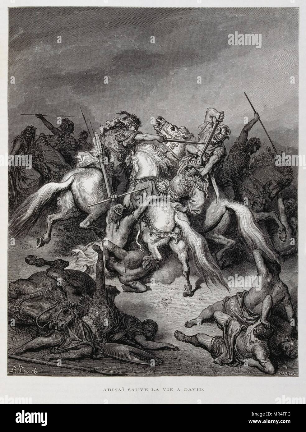 Abishaď (un chef militaire sous David) enregistre la vie du Roi., Illustration de l'Dore Bible 1866. En 1866, l'artiste et illustrateur français Gustave Doré (1832-1883), a publié une série de 241 gravures sur bois pour une nouvelle édition de luxe la 1843 Traduction française de la Bible Vulgate, populairement connu comme la Bible de Tours. Cette nouvelle édition a été connue sous le nom de la Grande Bible de Tours et ses illustrations ont été un immense succès. Banque D'Images