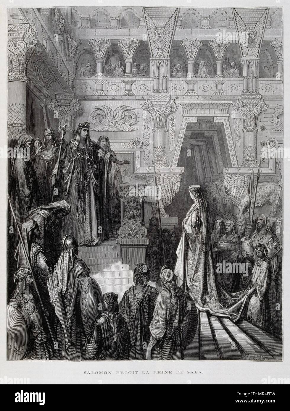 Le roi Salomon reçoit la reine de Saba, Illustration de la Dore Bible 1866.  En 1866, l'artiste et illustrateur français Gustave Doré (1832-1883), a  publié une série de 241 gravures sur bois