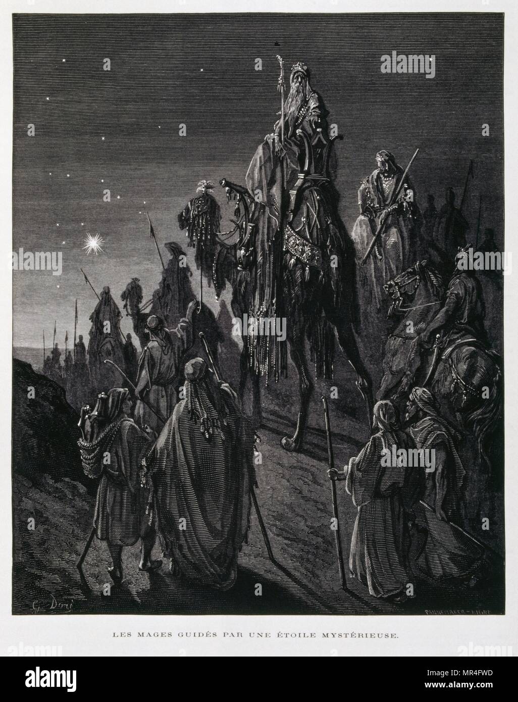 Les trois rois mages ou suivre l'étoile de Bethléem à la recherche de Jésus, Illustration de la Dore Bible 1866. En 1866, l'artiste et illustrateur français Gustave Doré (1832-1883), a publié une série de 241 gravures sur bois pour une nouvelle édition de luxe la 1843 Traduction française de la Bible Vulgate, populairement connu comme la Bible de Tours. Cette nouvelle édition a été connue sous le nom de la Grande Bible de Tours et ses illustrations ont été un immense succès. Banque D'Images