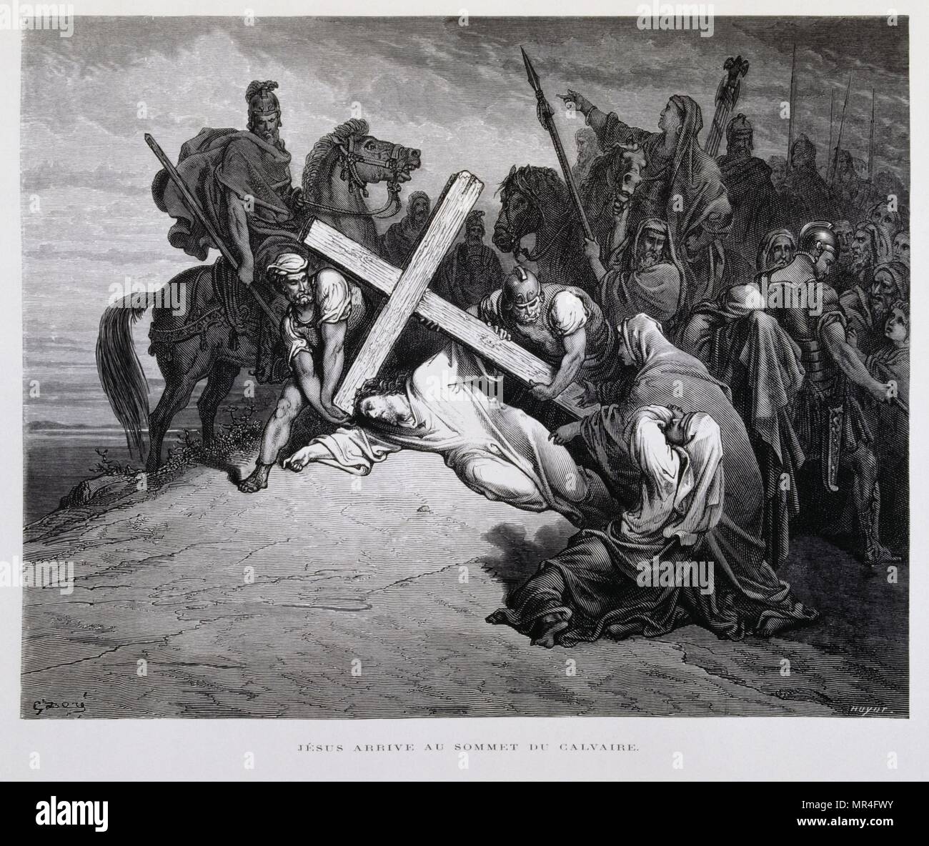 Jésus au calvaire s'effondrer sous le poids de porter la croix à l'emplacement de sa crucifixion, Illustration de la Dore Bible 1866. En 1866, l'artiste et illustrateur français Gustave Doré (1832-1883), a publié une série de 241 gravures sur bois pour une nouvelle édition de luxe la 1843 Traduction française de la Bible Vulgate, populairement connu comme la Bible de Tours. Cette nouvelle édition a été connue sous le nom de la Grande Bible de Tours et ses illustrations ont été un immense succès. Banque D'Images