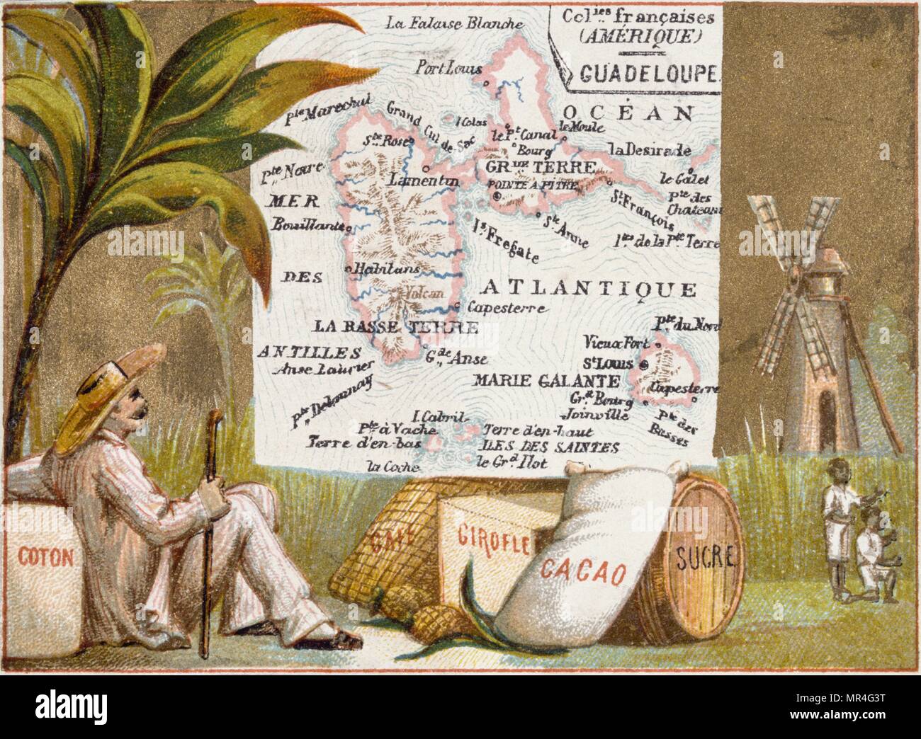 Carte Leibig Français 1900, illustrant la colonie de la Guadeloupe (dans les Caraïbes). Un commerçant est illustré avec des sacs de café, coton et cacao Banque D'Images