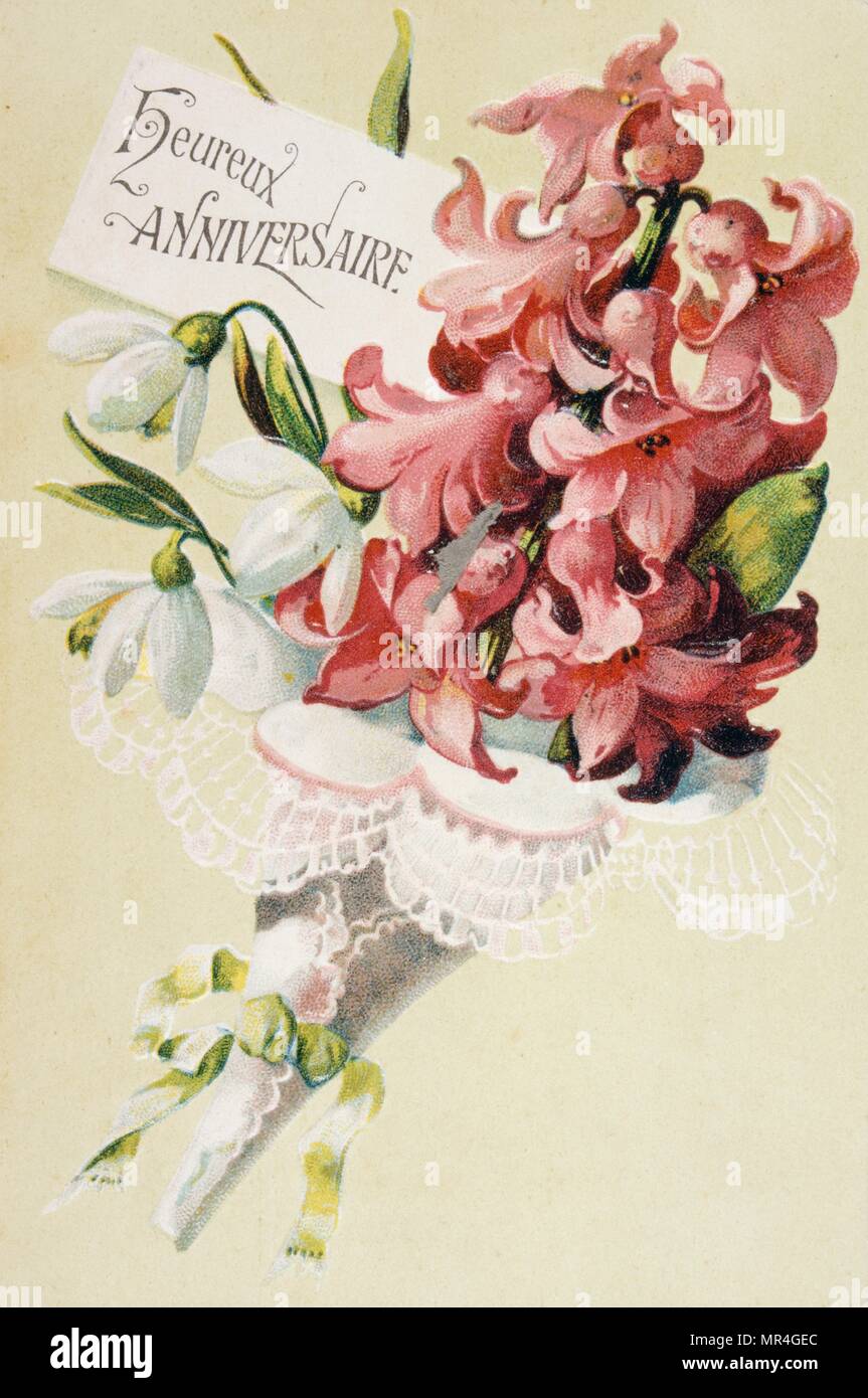 Carte d'anniversaire français avec des éléments floraux 1900 Banque D'Images