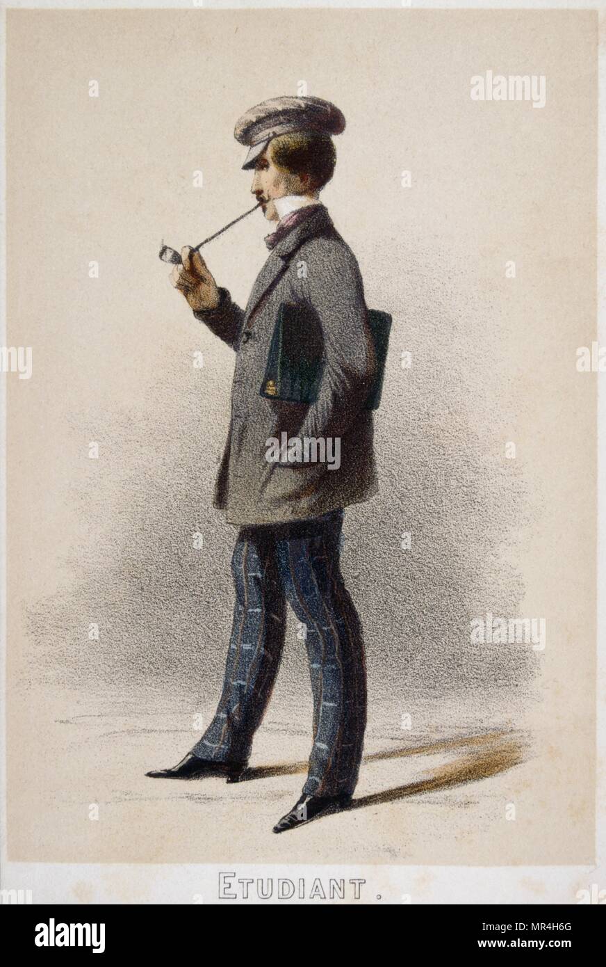 Illustration représentant un étudiant français fumant une pipe 1850 Banque D'Images