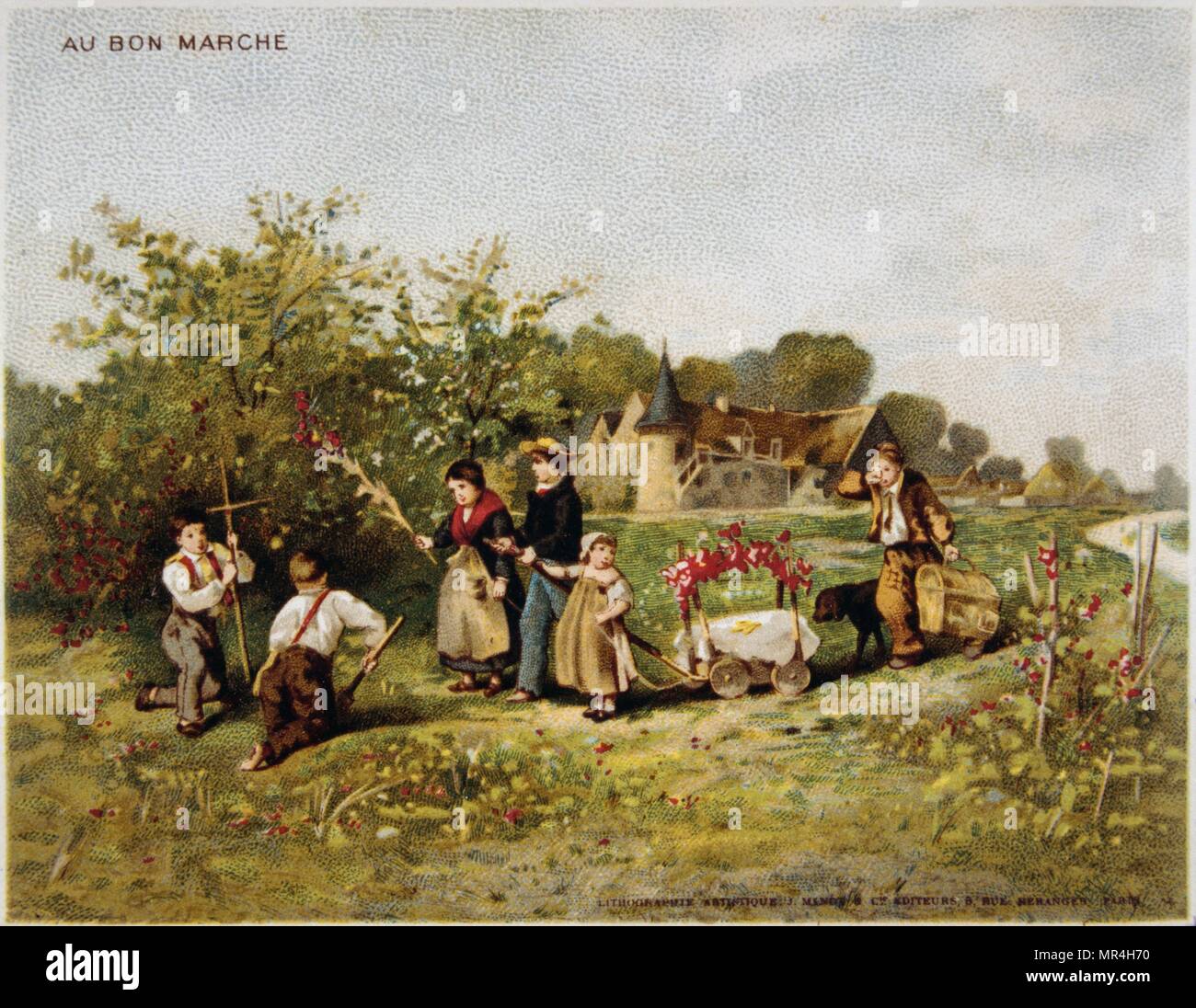 Chromolithographie représentant des enfants français dans une ferme des branches de collecte de feuilles et de fleurs 1870 Banque D'Images