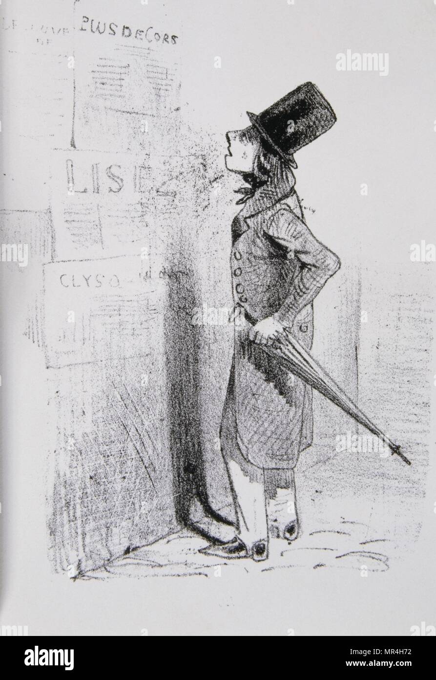 Dessin d'un homme à Paris la lecture des nouvelles factures affichées sur un mur. 1850 Banque D'Images