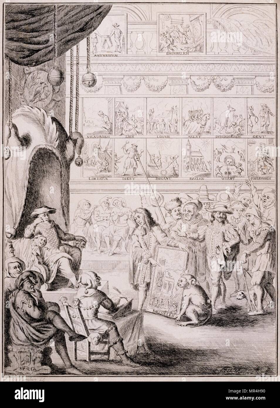 17e siècle belge (flamand) illustration représentant un artiste présentant ses œuvres une cour. Vers 1680 Banque D'Images